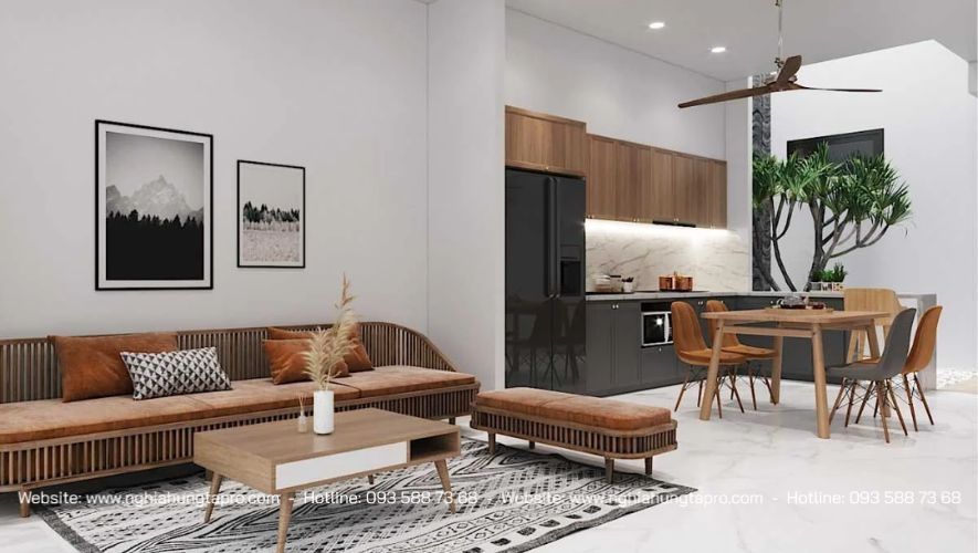 Kết nối phòng khách với bếp giúp dễ bố trí nội thất và tăng diện tích cho ngôi nhà